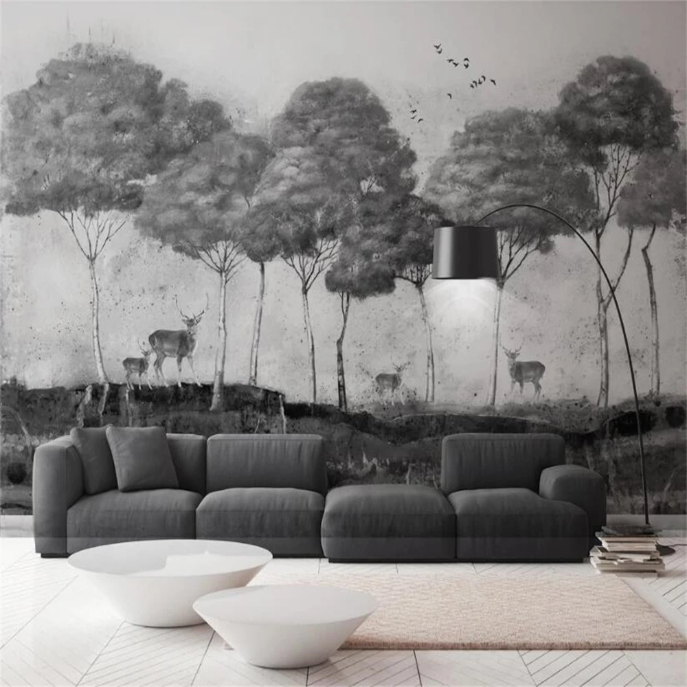 

Custom 3D Black White Forest Wall paper Mural Retro Nostalgic Idyllic Coconut Jungle Background vinyl Wallpaper Home Decoration
