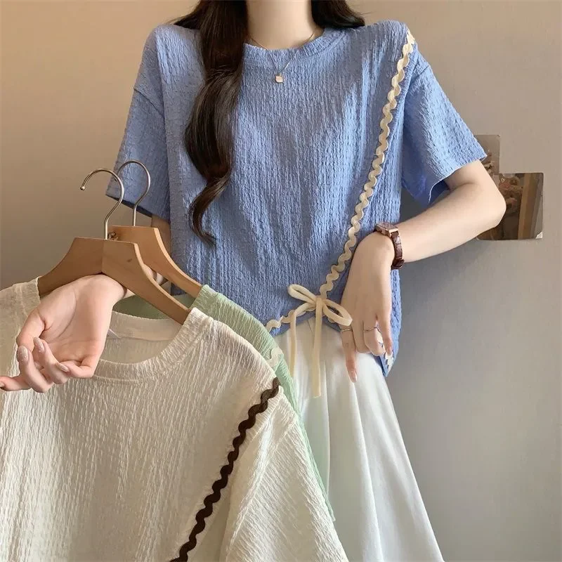 Women's Irregular Split Hem Short Sleeve T Shirt Summer Loose Cropped Lace Trim Casual Blouse