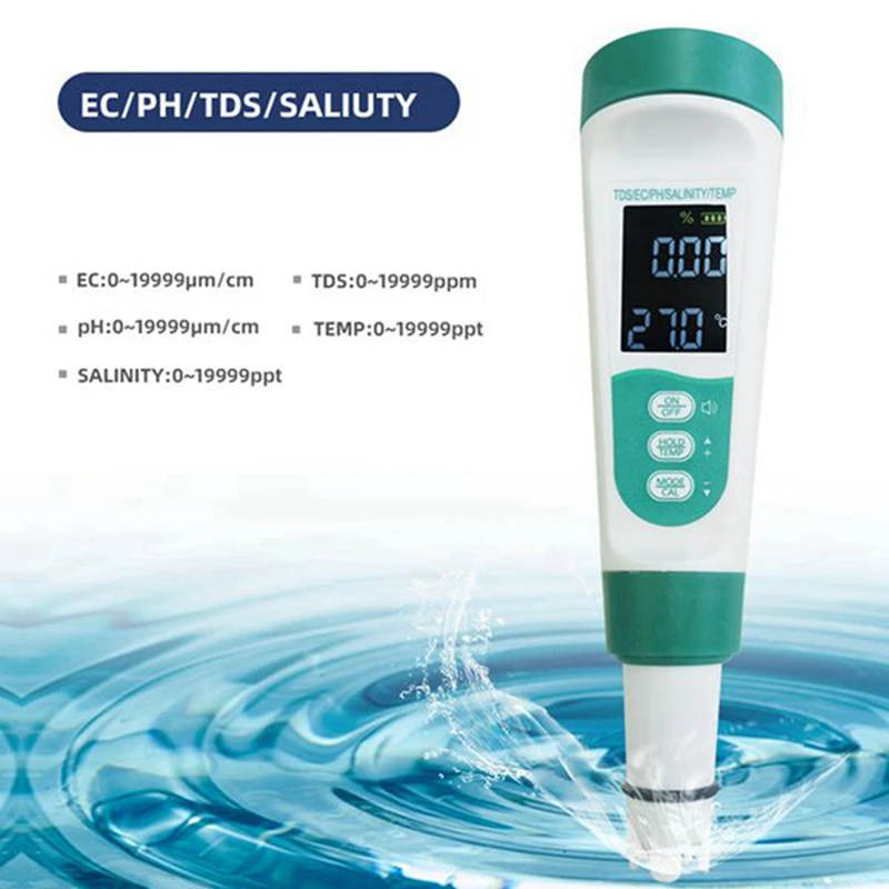 5-In-1 Water Quality Test Pen Voice Model EC Acidity Ph Meter Tds Salinity Meter Water Quality Tester Without PH Powder, Durable