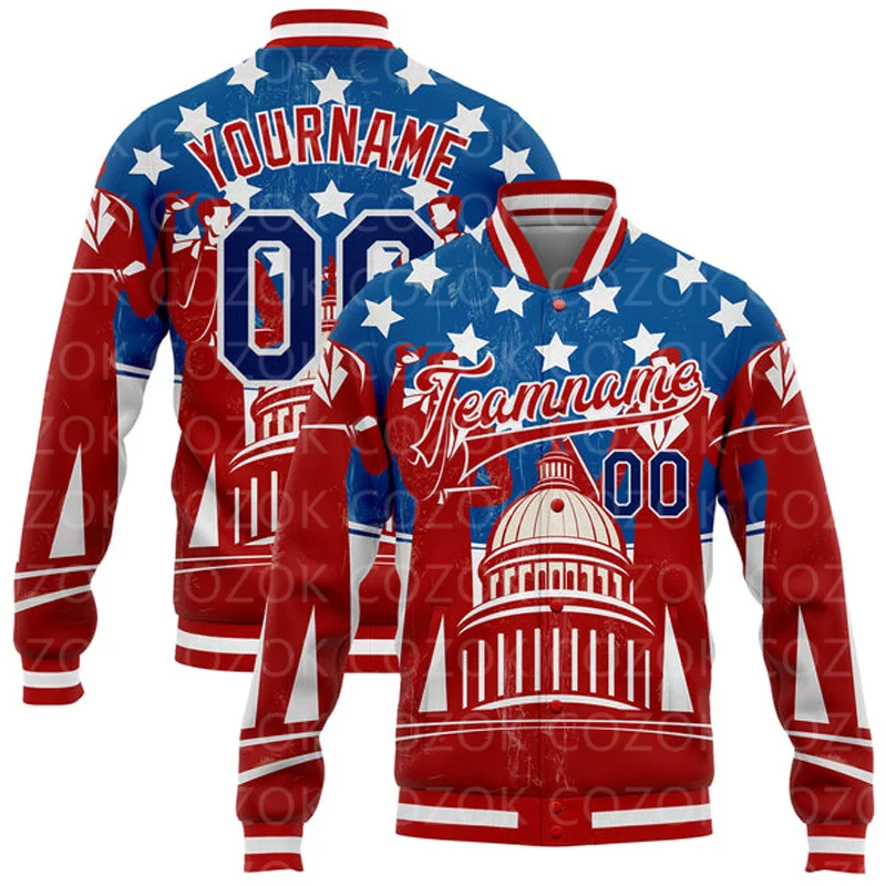 Custom USA Flag 3D Printed Baseball Button Jacket Bomber Full-Snap Varsity Letterman Jacket