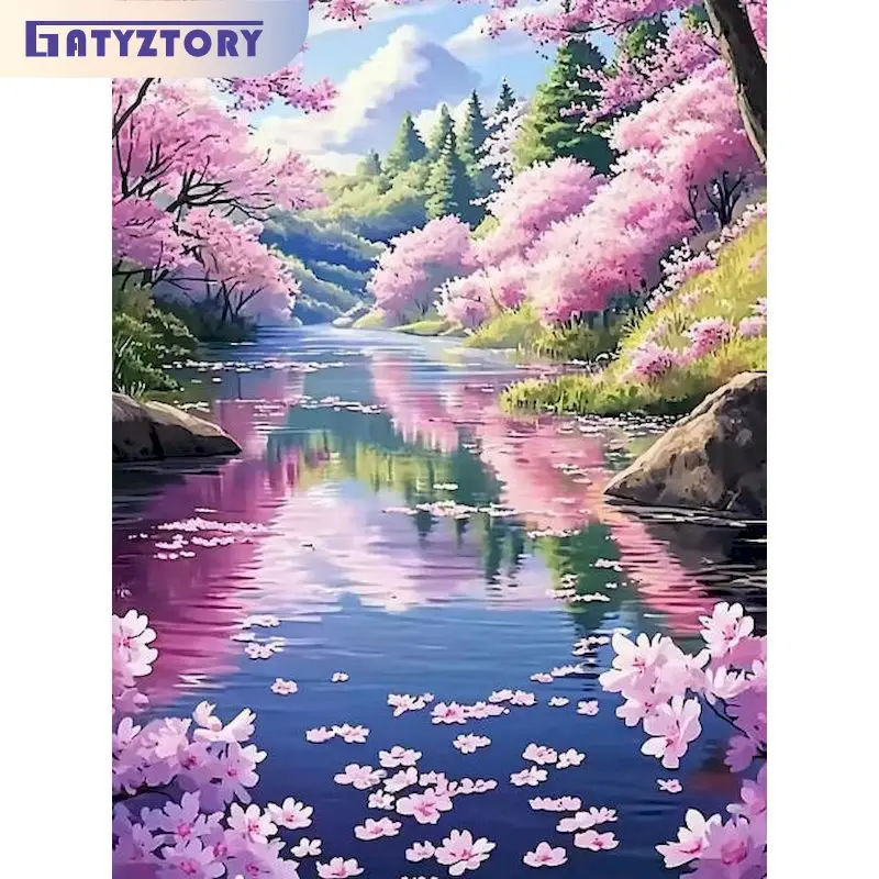

GATYZTORY Paint By Number River DIY Pictures By Numbers Scenery Kits Hand Painted Painting Art Drawing On Canvas Gift Home Decor