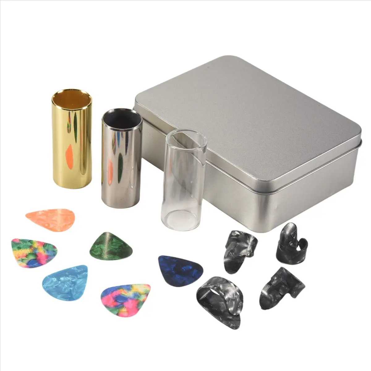 ABME New Guitar Slide Set Of 1 Glass Slide, 1 Steel Slide and 1 Brass Guitar Slide, 6 Pcs Guitar Picks and 4 Finger Picks