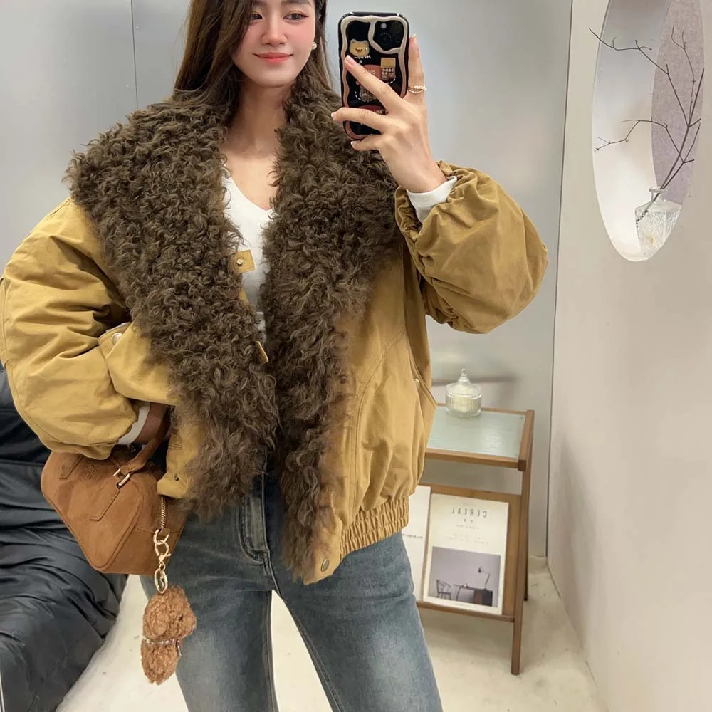 سترة شتوية عصرية لعام 2025 سترة نسائية خارجية فاخرة سترة نسائية معاطف بياقة من صوف الضأن الحقيقي الطبيعي #5
