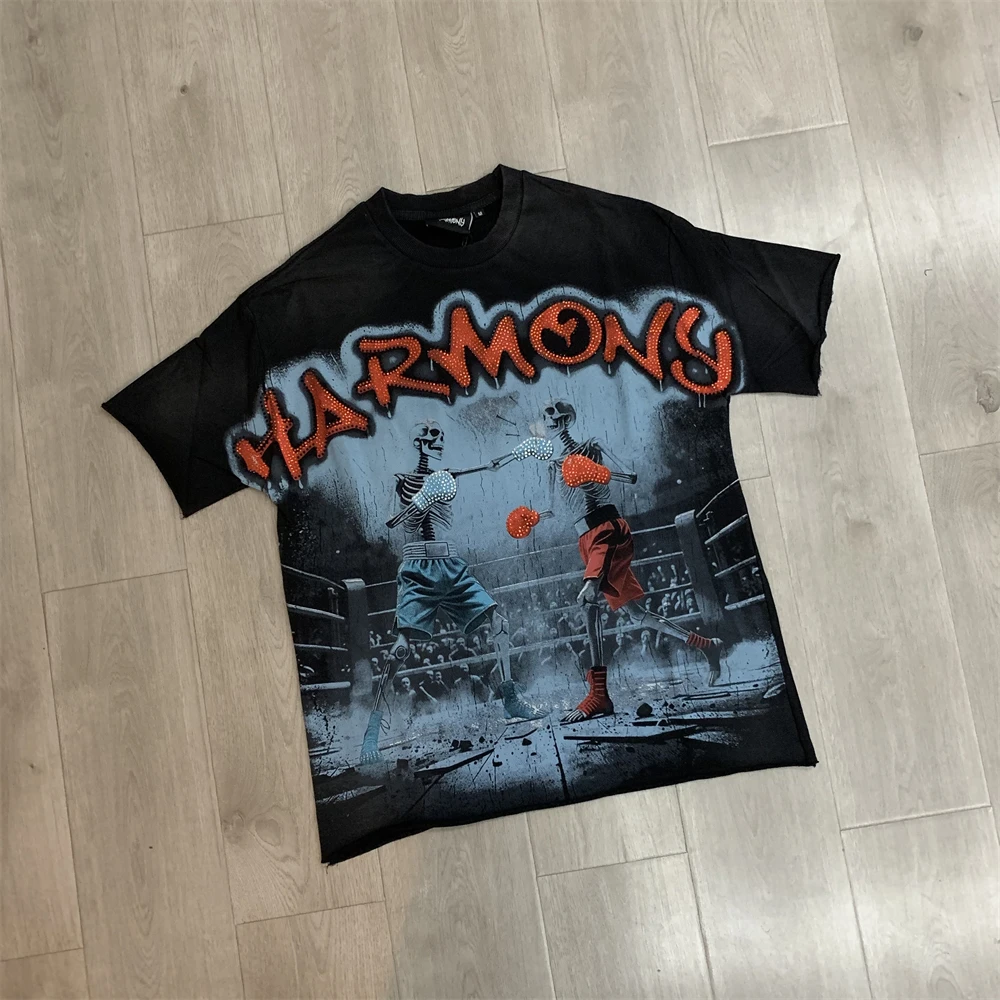 Black HARMONY TEE Skeleton Boxer Print Hot Stamping Short Sleeved T-shirt T Shirt Men Women High Quality Tee Tops T-Shirt
