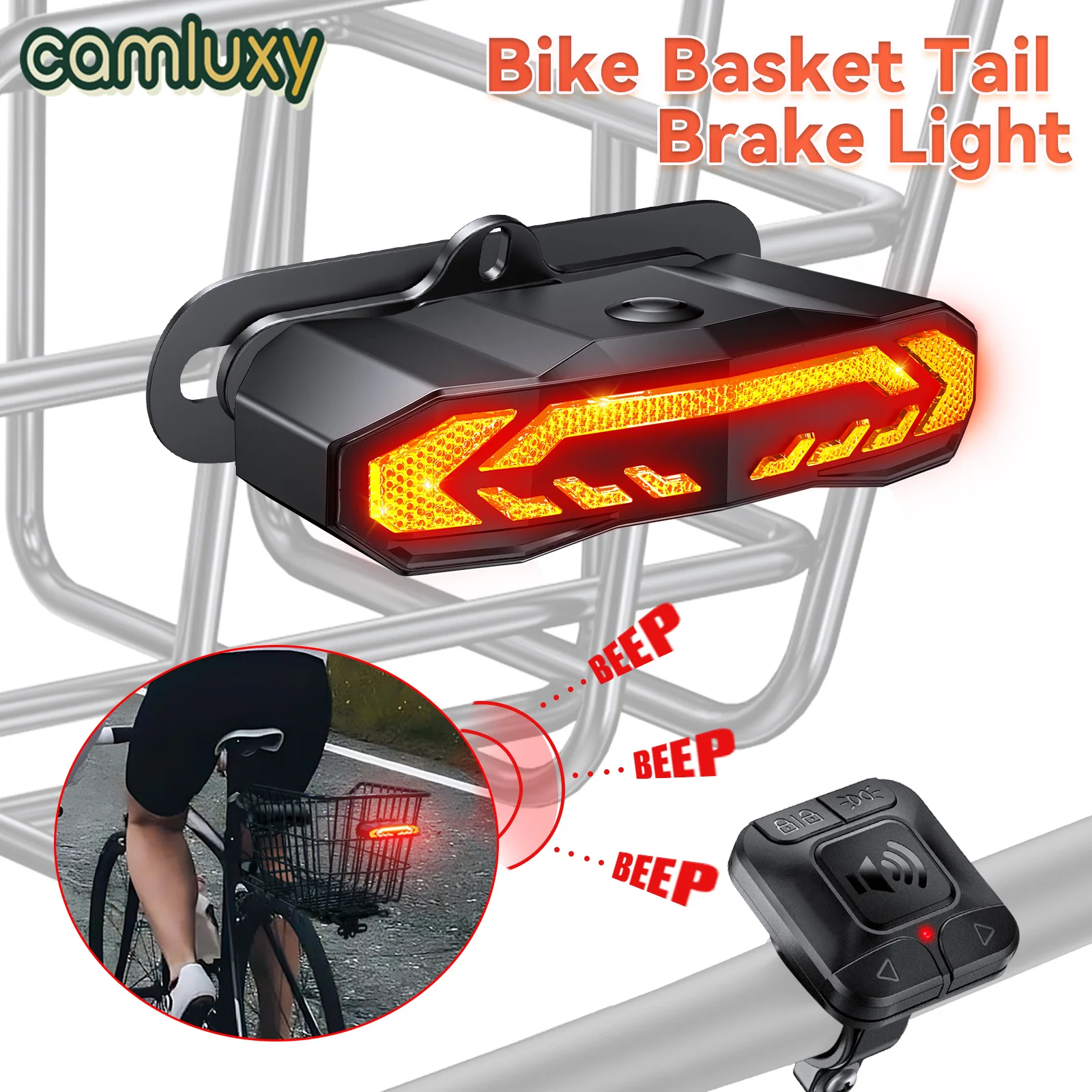 Camluxy Bike Basket Tail Light Turn Signals and Brake Light with Remote Rechargeable Bike Rear Light Waterproof for Road Safety