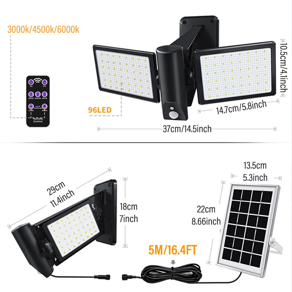 Outdoor Solar Light Split Type with Motion Sensor 96LED Wall Light 3 Modes IP65 Waterproof for Courtyard Garage Street Light