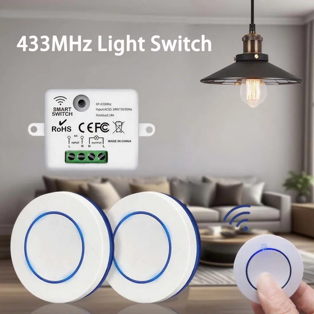 RF 433MHz Wireless Light Switch 10A Relay Controller Mini Round Button Wall Panel Switch Remote Control For LED Lamp AC100-240V