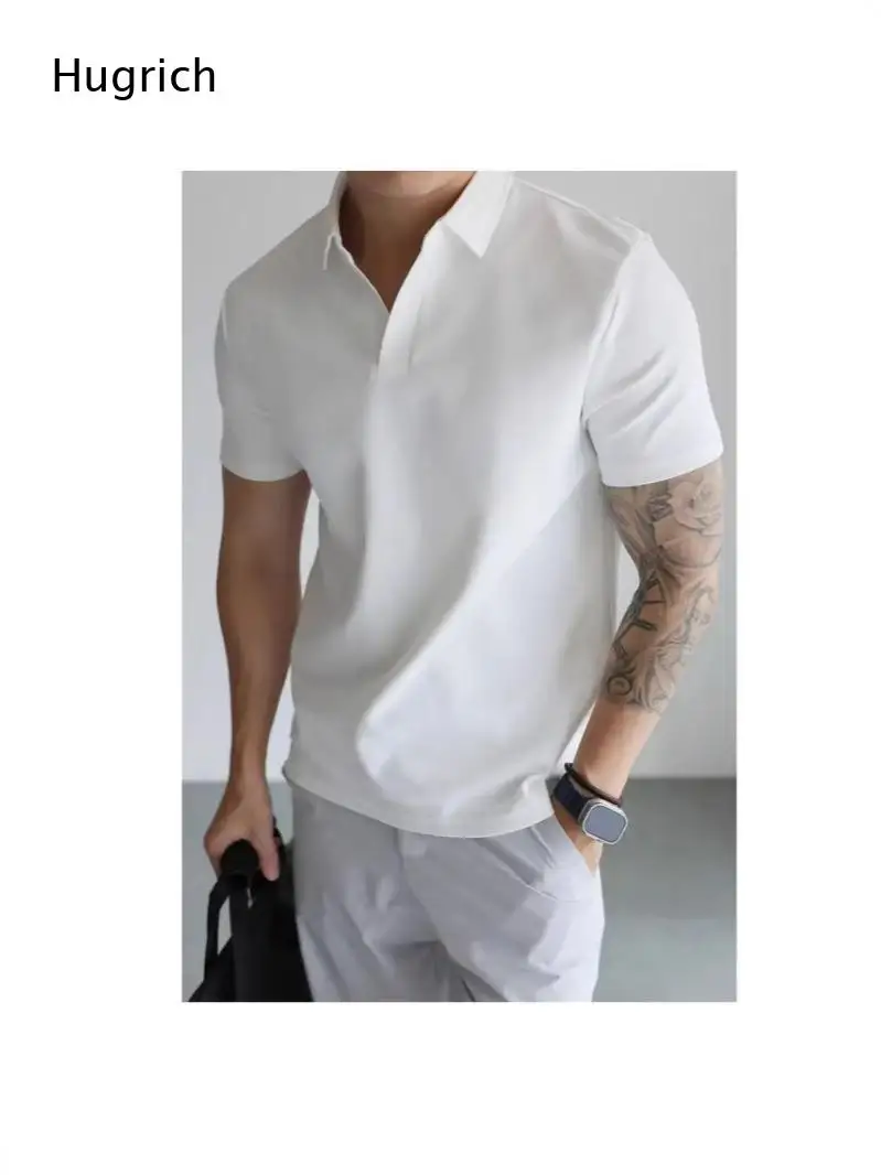 White Vertical Ribbed Knit V Notch Lapel Polo Shirt Mens Summer Golf Office Daily Casual Knit Tee