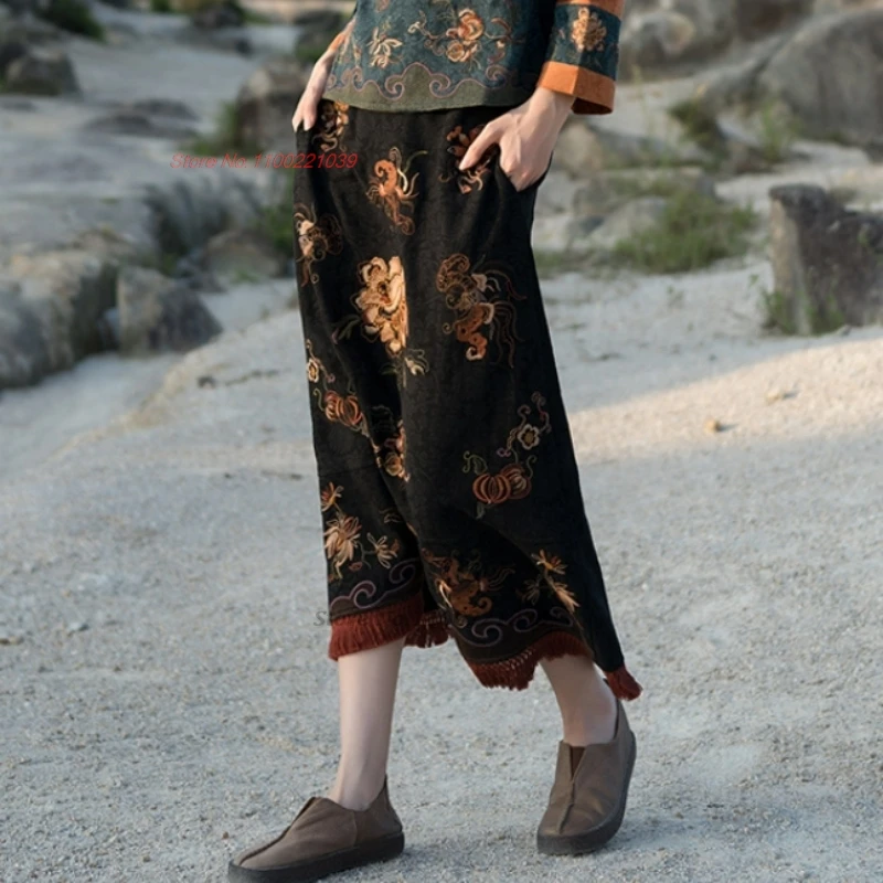 Китайская винтажная юбка 2025 года, традиционная хлопково-льняная жаккардовая юбка с цветочной вышивкой, восточная национальная эластичная поясная народная юбка