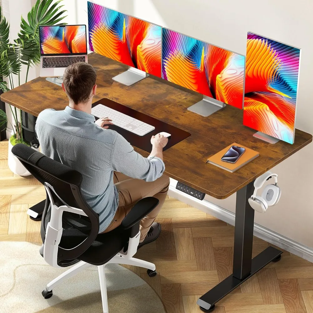 55 Inch Electric Standing Desk, Height Adjustable Sit Stand Up, Wood Desktop, Work Home Office Computer PC Table, Tall Standup