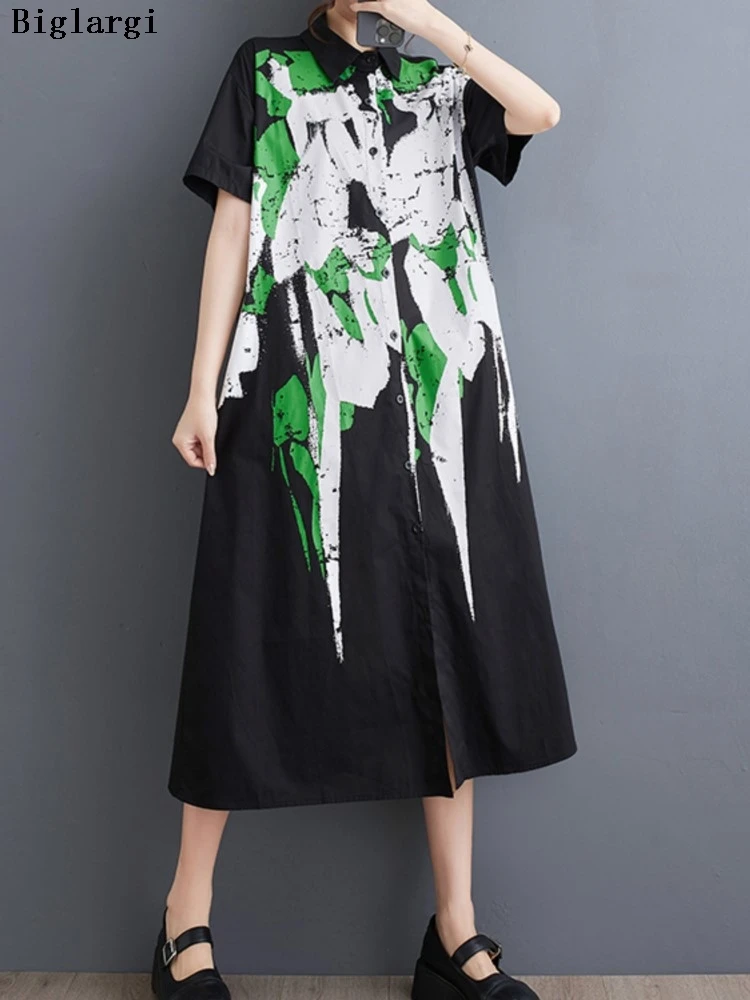

Oversized Summer Shirts Dress Women Graffiti Print Fashion Casual Loose Ladies Shirts Dresses Short Sleeve Woman Dress