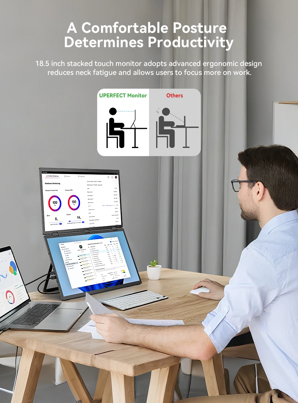 UPERFECT Triple Screen 15.6" Portable Foldable Monitor Dual Screen with VESA Extender 1080P FHD IPS for Laptop Windows MAC OS