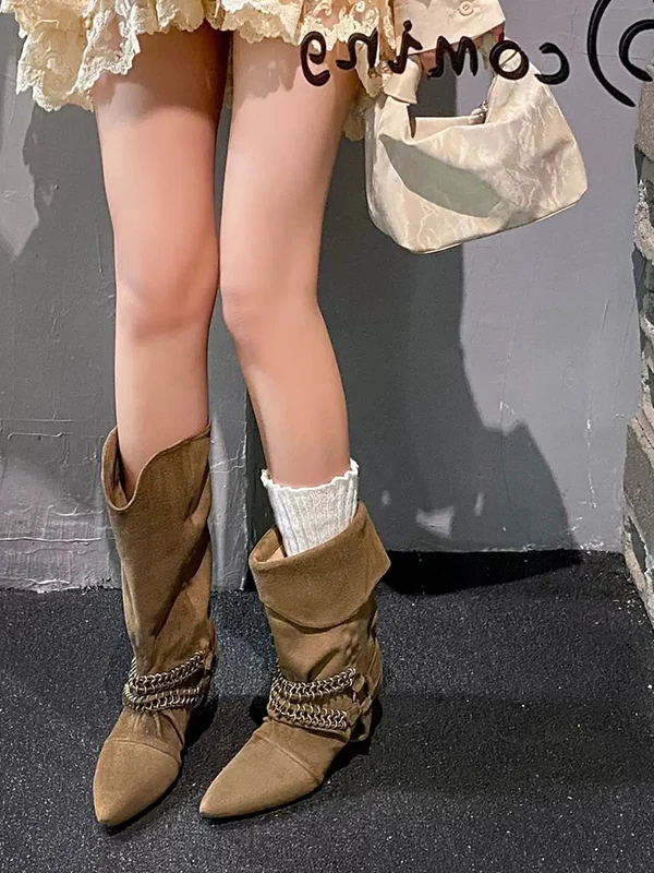 

Кожаные ботинки до середины икры на каблуке, корейские зимние ботинки без шнуровки с острым носком, утягивающие рыцарские ботинки, модный дизайн