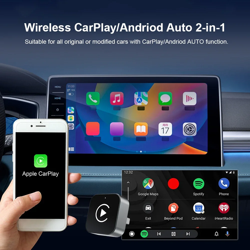 2 في 1 محول Carplay Android Auto اللاسلكي إلى محول carplay اللاسلكي لهاتف iPhone اللاسلكي للتحكم في التوصيل والتشغيل Carplay