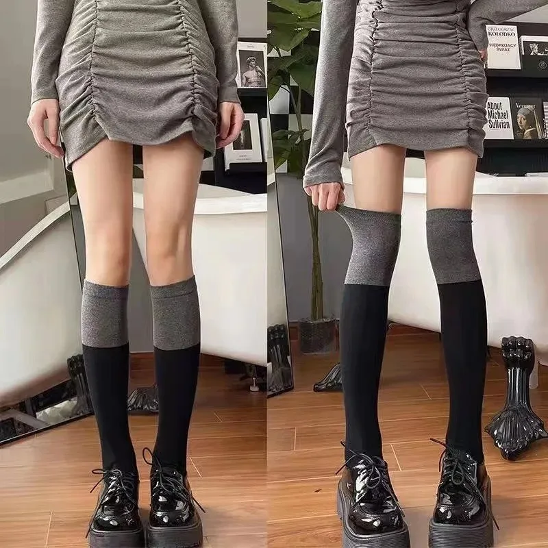 Womens Knee High Socks Color Blocked Design Soft Breathable Fabric Sweat Absorbing Comfortable Casual Fashion Splicing Style