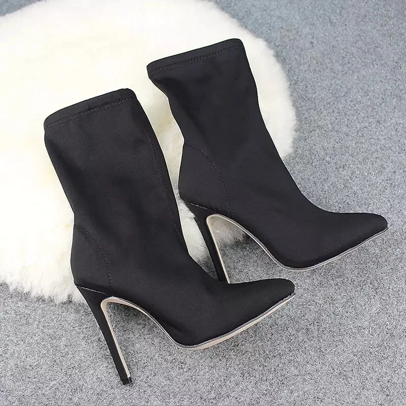 Women Shoes Pointed Toe Elastic Boots Sexy Hot Pink and Black Color High Stretch 11.5 CM Heel Ankle Boots