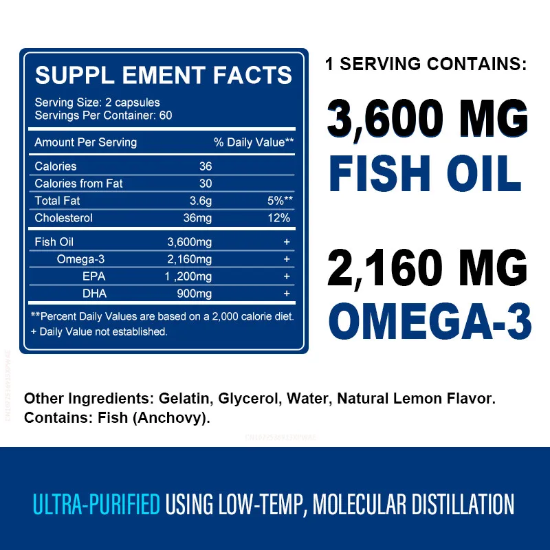 Alxfresh-aceite de pescado Omega 3, 3600mg, EPA, 1300mg, DHA, 900mg, suplemento de alimentos no transgénicos, soporta la salud del cerebro, golondrina fácil