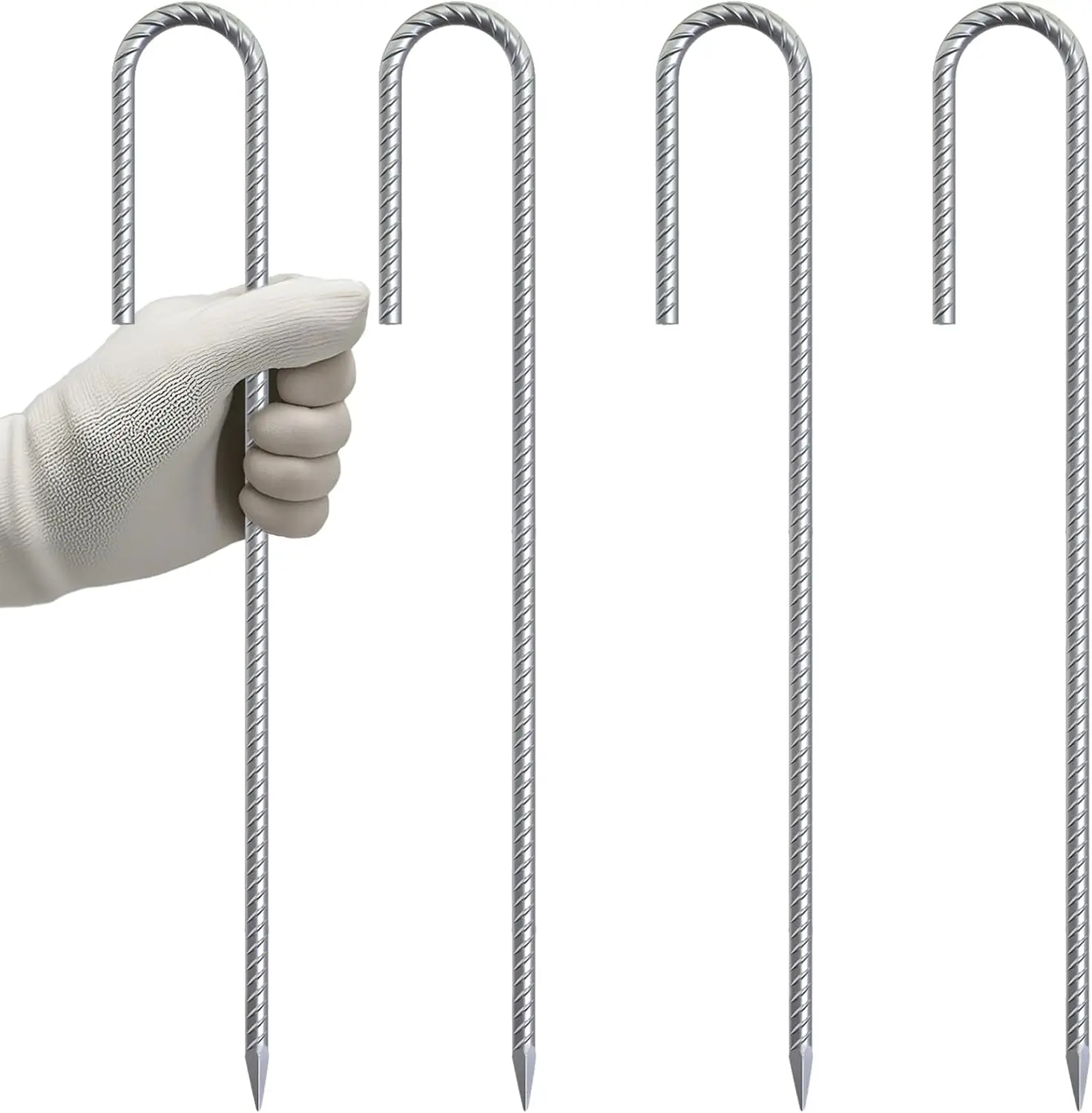 Rebar-Stakes-12-Inch J Hook Galvanized Tent Stakes Heavy Duty, Ground Chain Link Fence Anchors with Chisel Point End for Camping