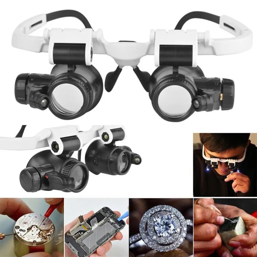 Magnifier Glasses with LED Light Enhanced Visibility Foldable Watch Repair Magnifier with Stretchable Glasses Leg Bracket