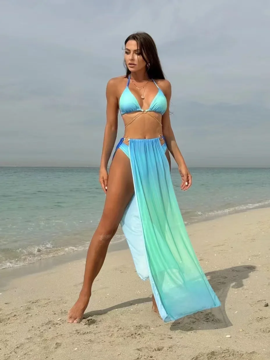 2024 trzyczęściowy stringi Bikini Set Strój kąpielowy damski Kimono Strój kąpielowy Seksowny gradientowy metalowy krzyżowy kostium kąpielowy Bikini