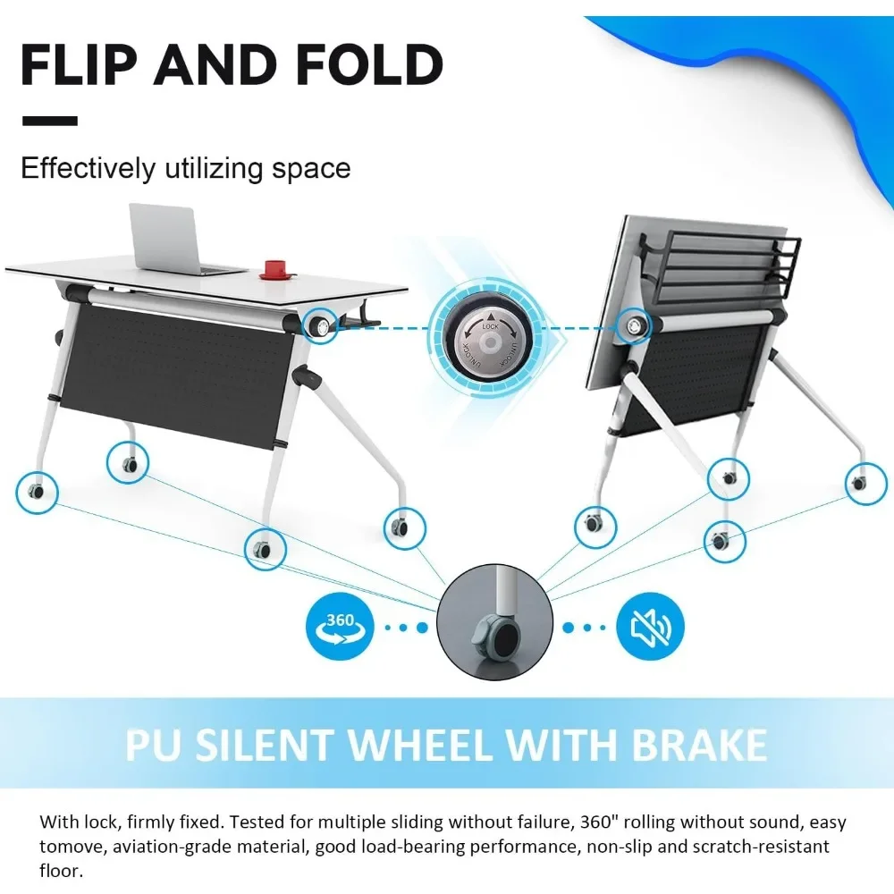 Modern Foldable Conference Room Tables,Flip Top Mobile Training Table,Portable Folding Table Desk with Locking Wheel (2 Pack)