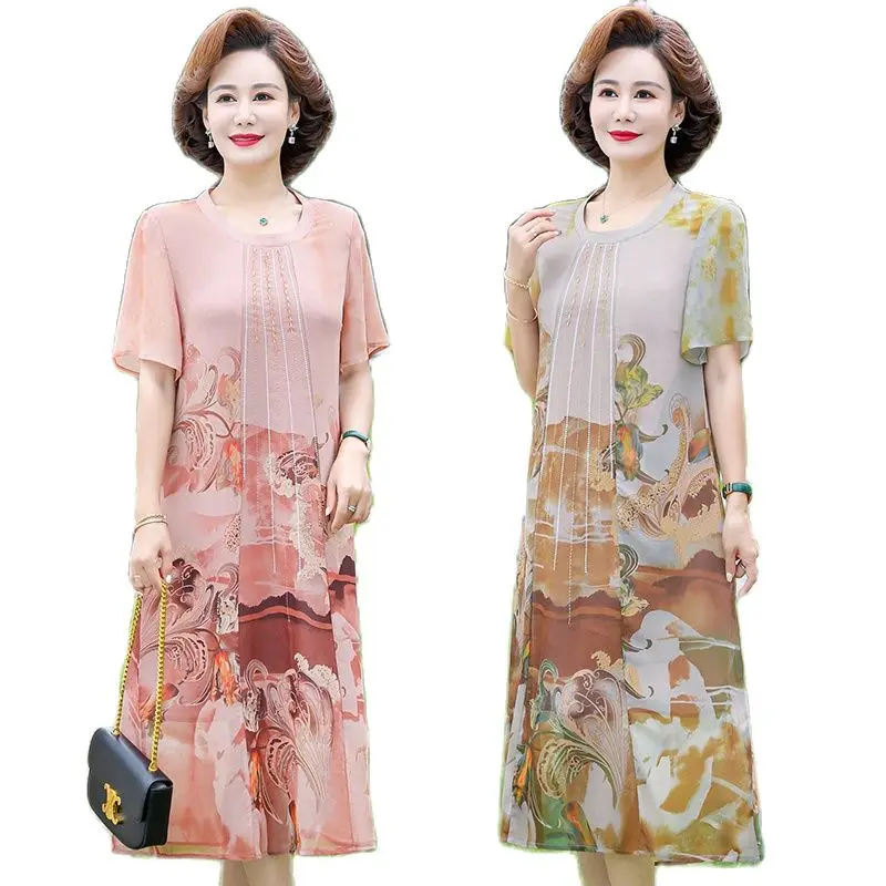 

New mother middle-aged women's dress fashion summer middle-aged and elderly clothing temperament chiffon dress