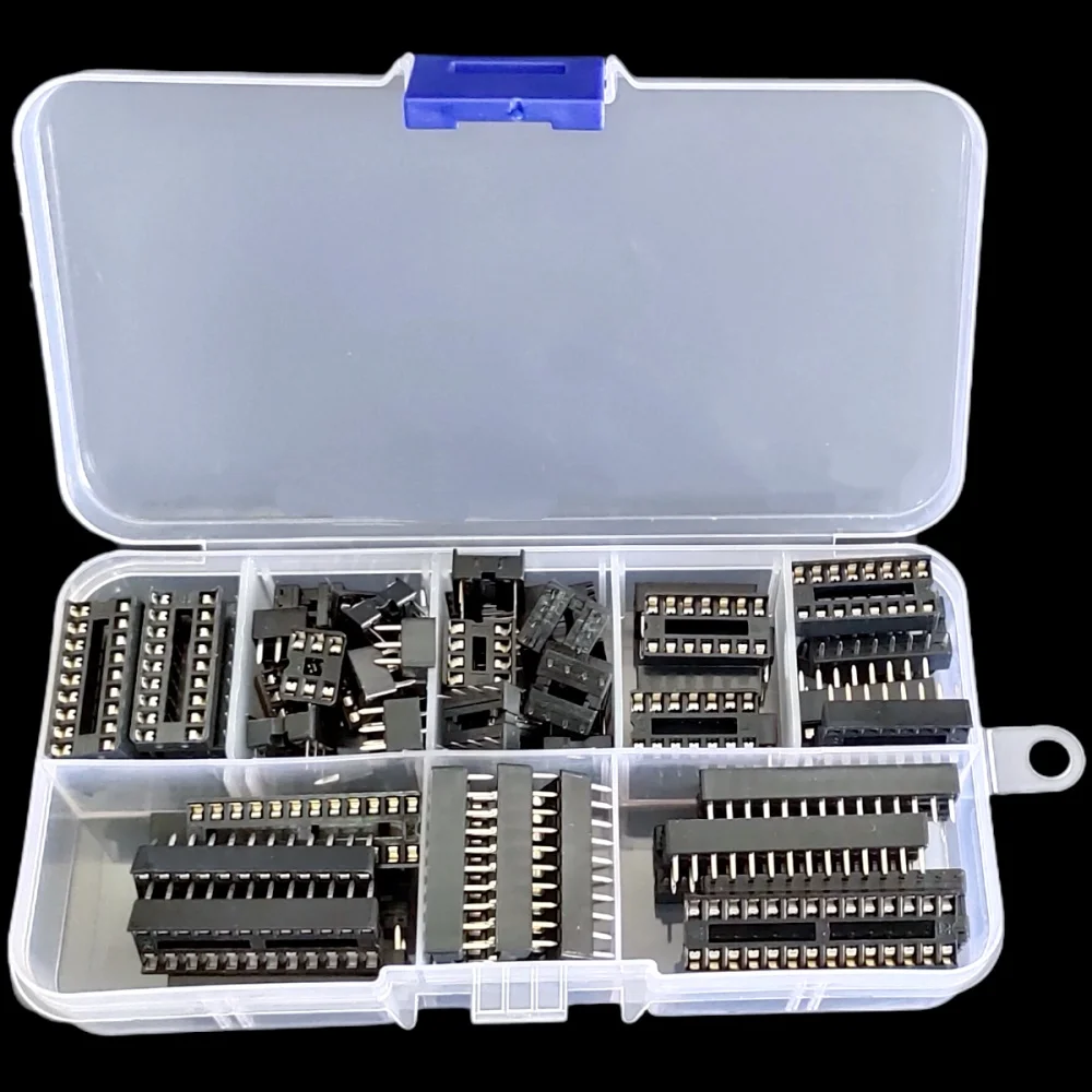 66Pcs DIP IC Socket Kit 2.54mm Through Hole Solder Type 6 8 14 16 18 20 24 28 Pin Connector with Storage Box
