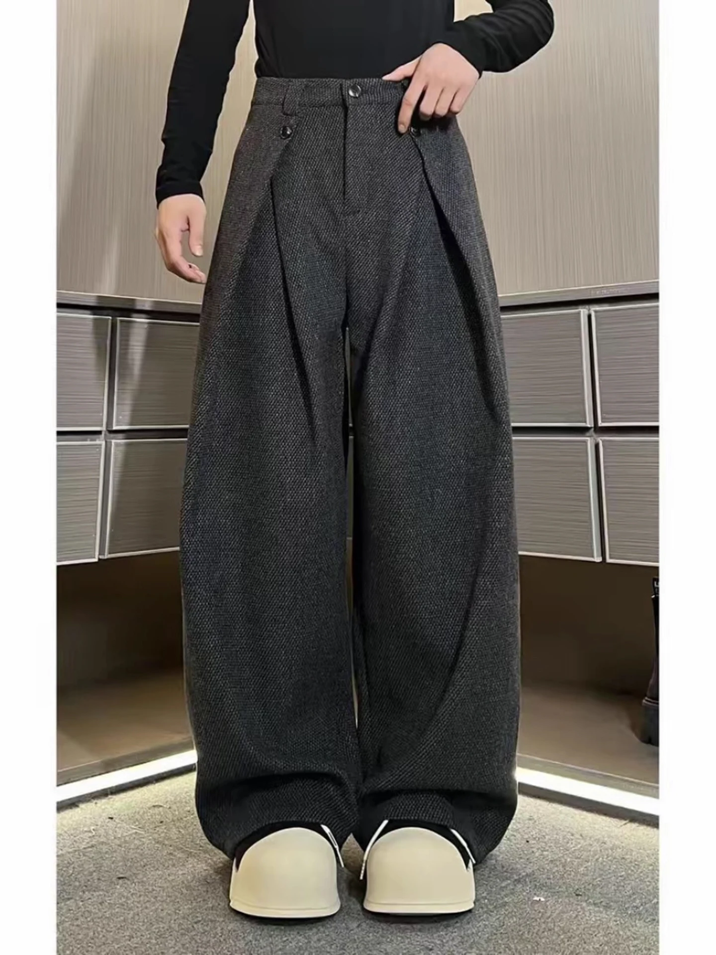 

Мужские повседневные брюки с высокой талией и широкими штанинами, зимние тяжелые брюки из смеси шерсти Du, брюки свободного покроя, Destructured Suiting