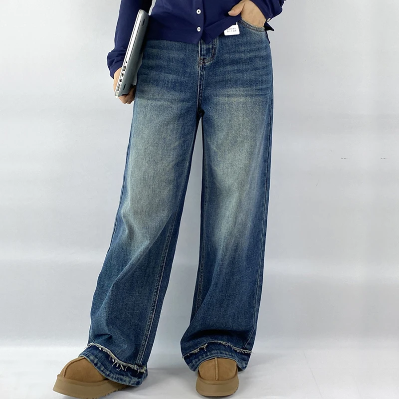 Moda plus size calças de brim femininas outono estilo namorado retalhos franjas estiramento denim perna larga calças comprimento total 8373