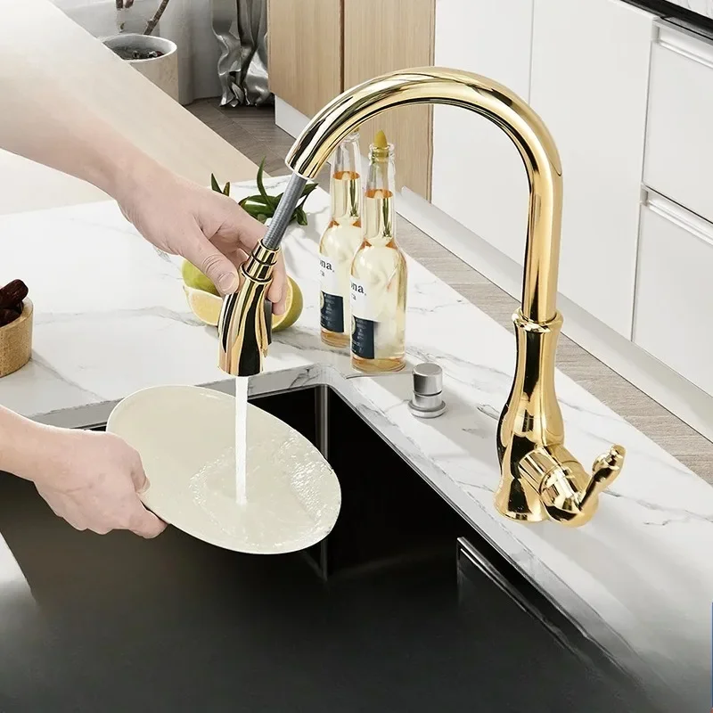 European Luxury Pull Out Kitchen Faucet Full Brass Hot Cold Mixer Tap 360 Rotatable Splash Proof Sink  Home Vegetable Washing