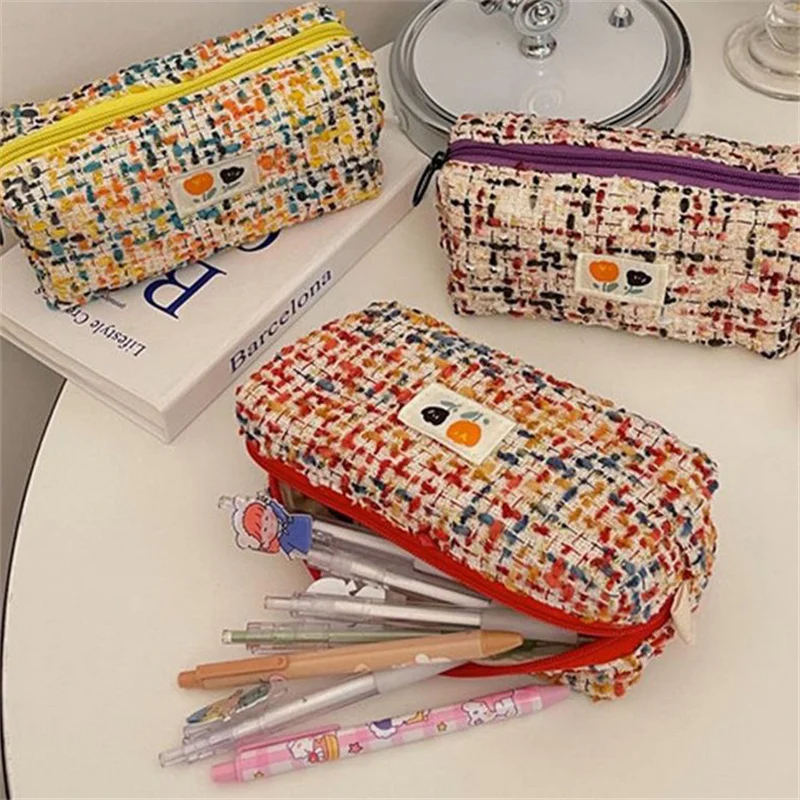 Pencil Case Woven Flower Pattern Zipper Closure Large Capacity Dust-proof Storage Polyester Easy To Carry Stationery Bag