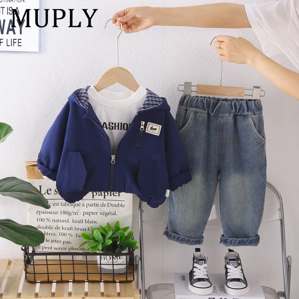 Toddler Baby Boys 3Pcs Outfit Set Hooded Spliced Zipper Jacket Letter Print T‑Shirt Denim Pants Spring Autumn Kids Clothing
