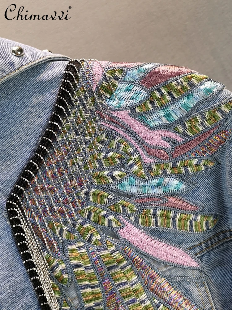 Fashion Denim Jacket Women's Spring and Autumn New European Station Loose Slim Wings Embroidered Fringed Long-sleeved Coat Tops