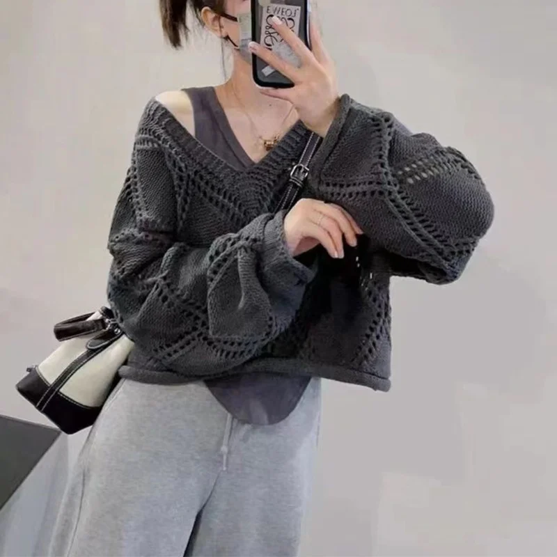 

Autumn Winter Y2K Elegant Fashion Pullover Harajuku Two Piece Set Tops Women All Match Knitwear Hollow Out Long Sleeve Sweaters