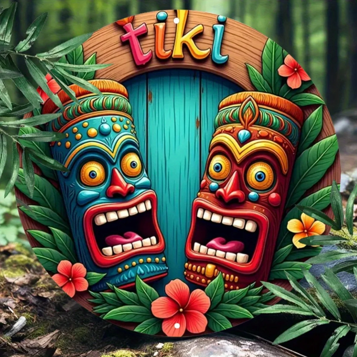2D Flat - 1 Pack 2D Flat Vintage Tiki Mask Printed Round Aluminum Sign, Modern Tropical Wall Decorations for Bars, Kitchens, Hom