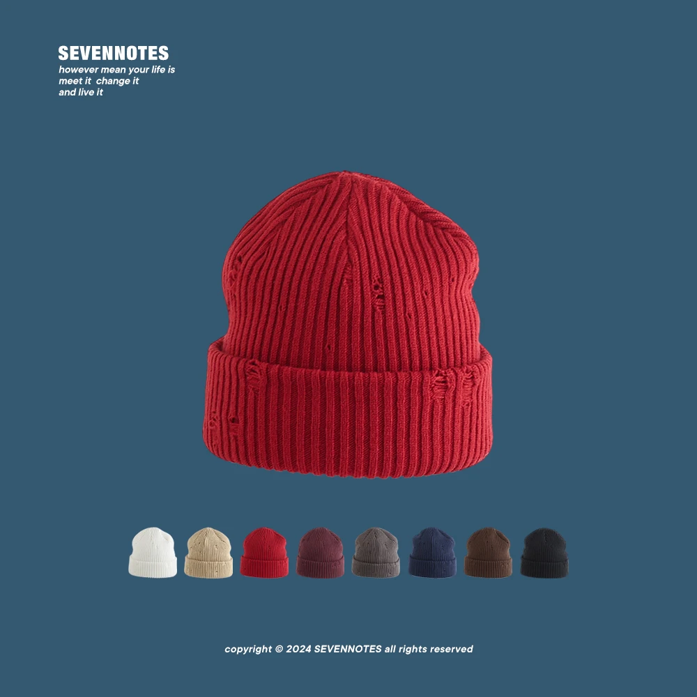 American Street Tide Brand Hole Knitted Hat Autumn Winter Student Couple Outdoor Skiing Cold-proof Pullover Hat Men Cold Hat