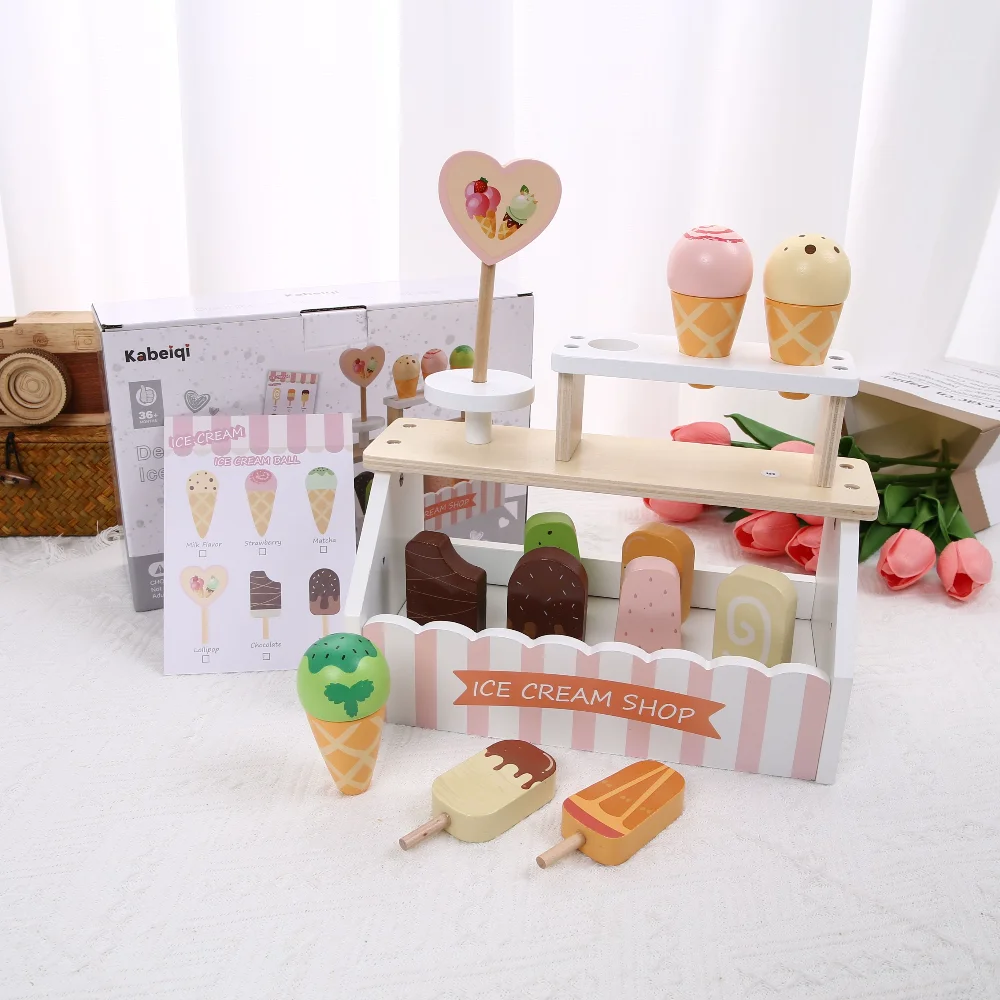 ألعاب آيس كريم خشبية ألعاب طعام ملحقات المطبخ مع لعب الأدوار للأطفال والبنات والأولاد