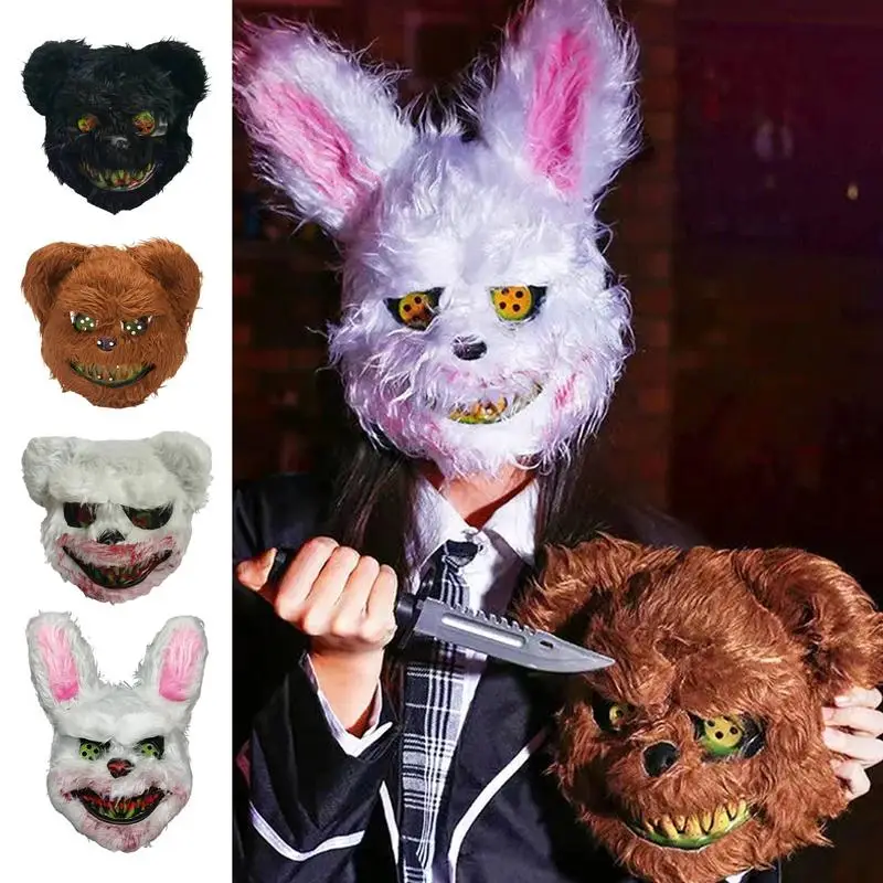 

Creepy Bunny Face Cover Fancy Halloween Party Stage Props Scary Bear Rabbit Cartoon Face Mask Adjustable Cosplay Costume Gifts