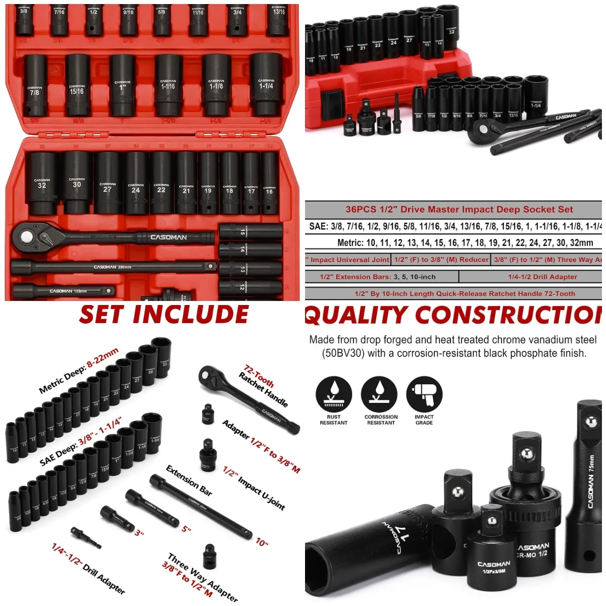 

1/2' Drive Master Impact Socket Set, 38-Piece Deep, SAE & Metric (3/8' to 1-1/4', 10-32mm), Includes Extensions, Adapters, Ratch