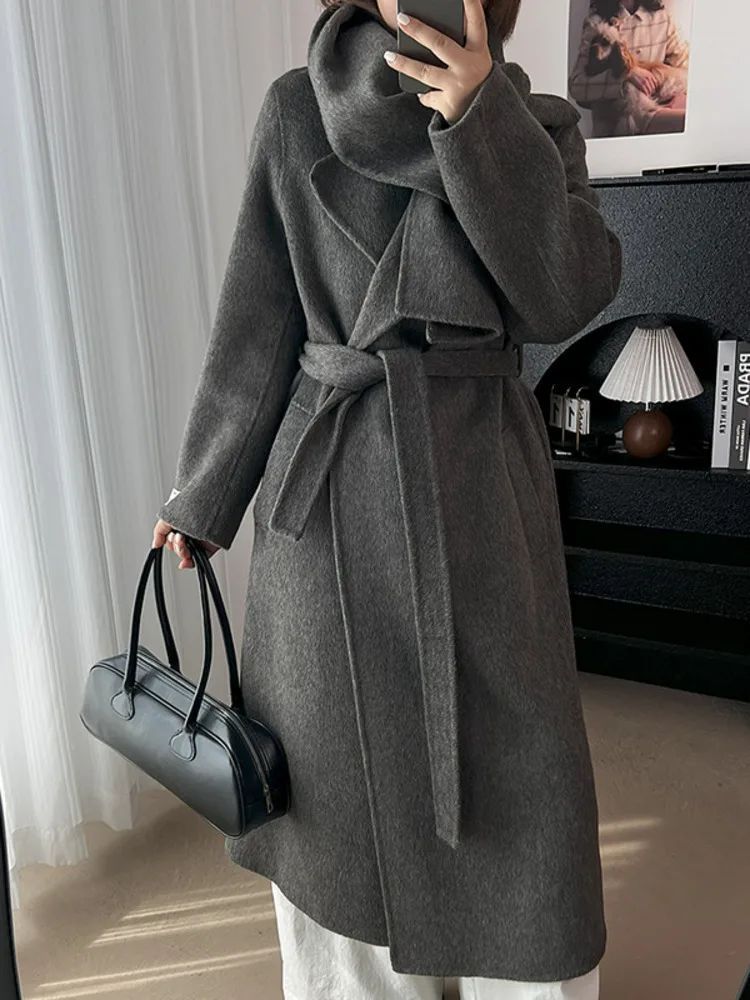 ZMEENNA レディース ロング ウール ブレンド コート ハイ カウルネックとタイベルト付き 暖かい冬用アウター ミニマリスト グレー ZM4385