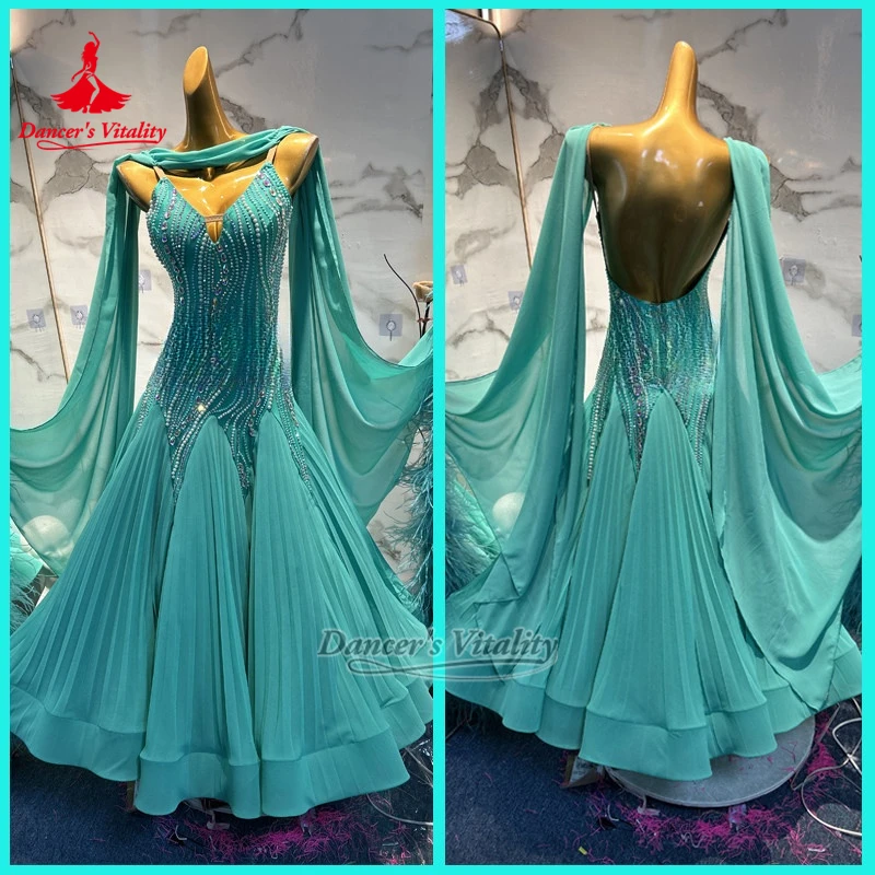 

Mint Green Social Dance Pleated Lower Hem Dress Adult&Teenager Waltz Tango Wrapped Hips Perform Clothes Custom Dancer's Vitality