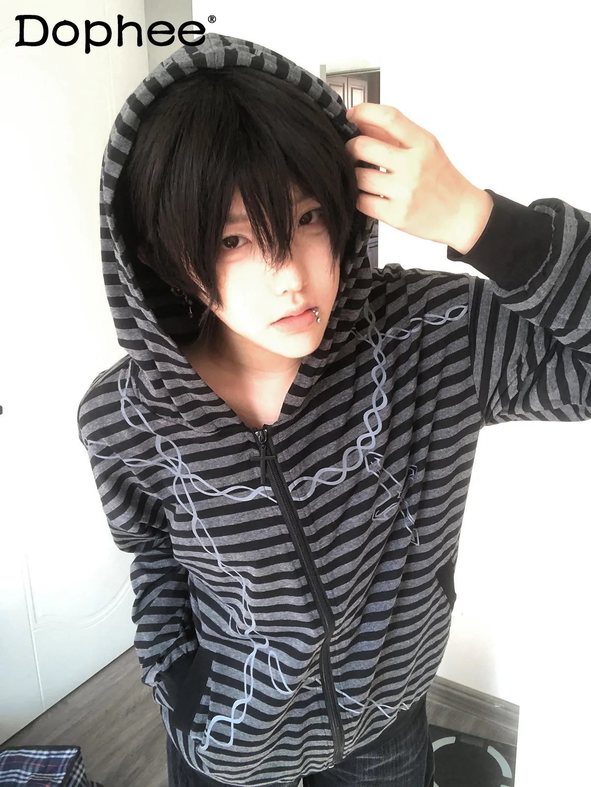 

Japanese Original Loose Casual Hooded Zipper Top Women's Y2k Subculture Sweet and Cool Stripes Cardigan Jacket