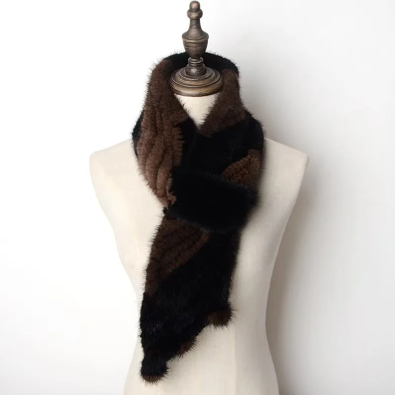 

New Fashion Mink Fur Color Blocking Cross Scarf Winter Women Genuine Fur Scarf Noble Elegant High Quality