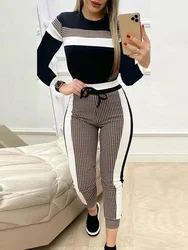 Colorblock Plaid Striped Long Sleeve Tape Tops & Drawstring Pants Set Casual Basic Women Two Piece Set