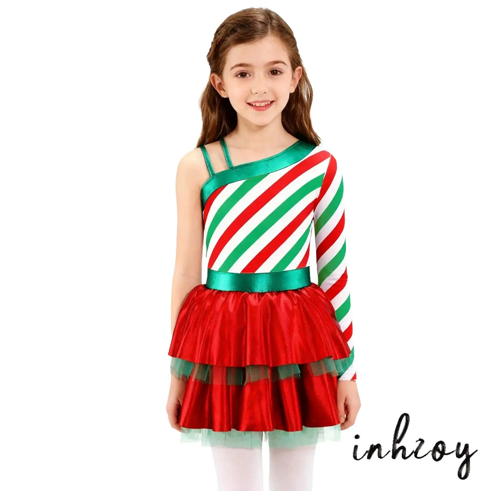 

Kids Girl Christmas Costume Mock Neck Sleeveless Keyhole Back Mesh Patchwork Stripes Print Dress for New Year Halloween Dress Up