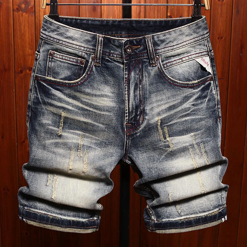 

High end denim shorts for men, classic retro washed vintage fashion trend, summer casual five quarter pants