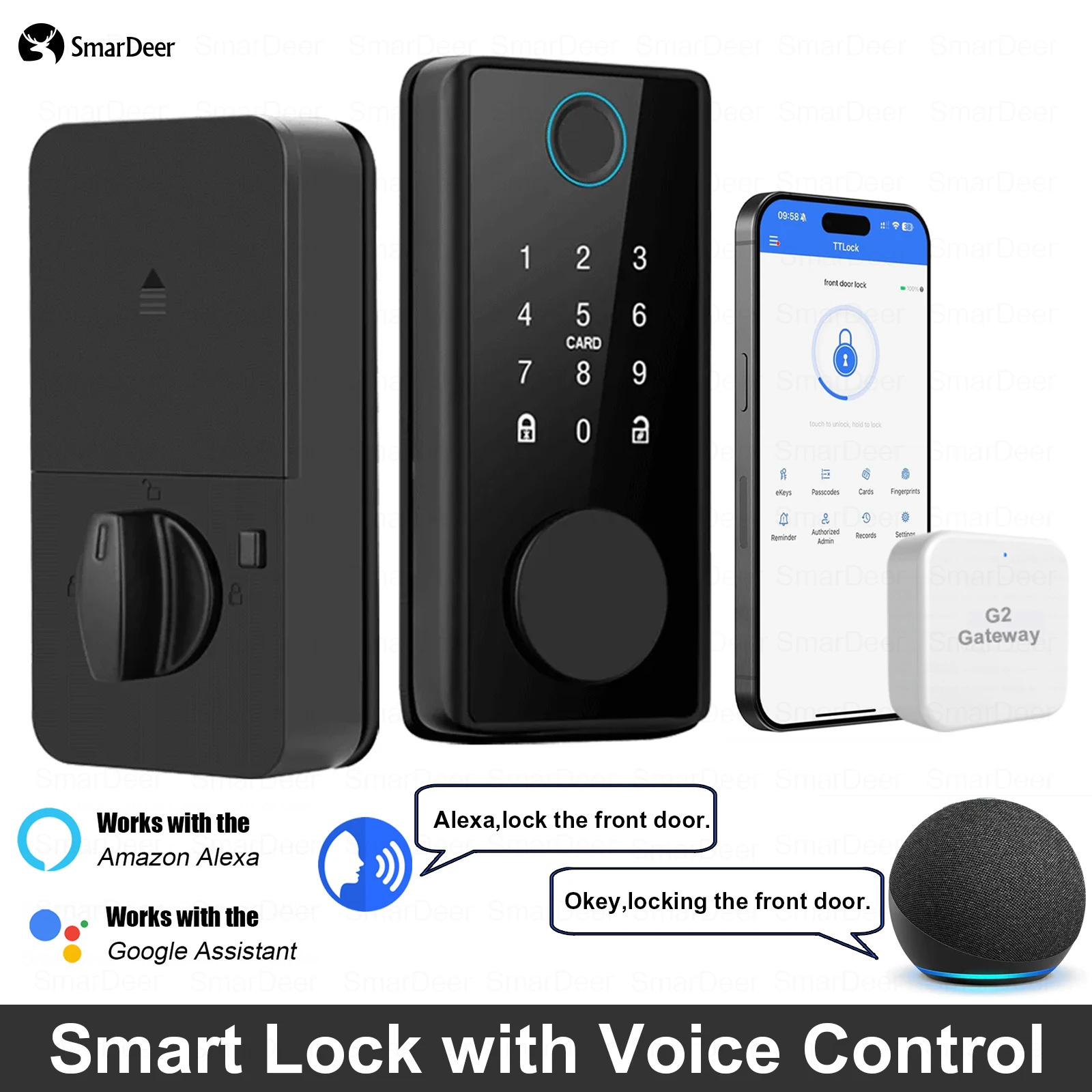 

Замок с функцией распознавания отпечатков пальцев SmarDeer для приложения TTLock, дистанционное управление, голосовое управление с Alexa и Google Assistant, электронный цифровой замок.
