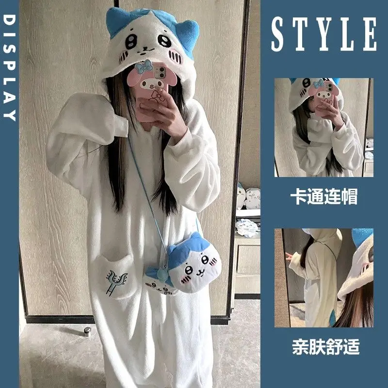 Kawaii Chiikawa Coral Velvet Hooded Pajamas for Girls Cartoon Hachiware Usagi Women's Velvet Home Clothes Autumn Winter Warm