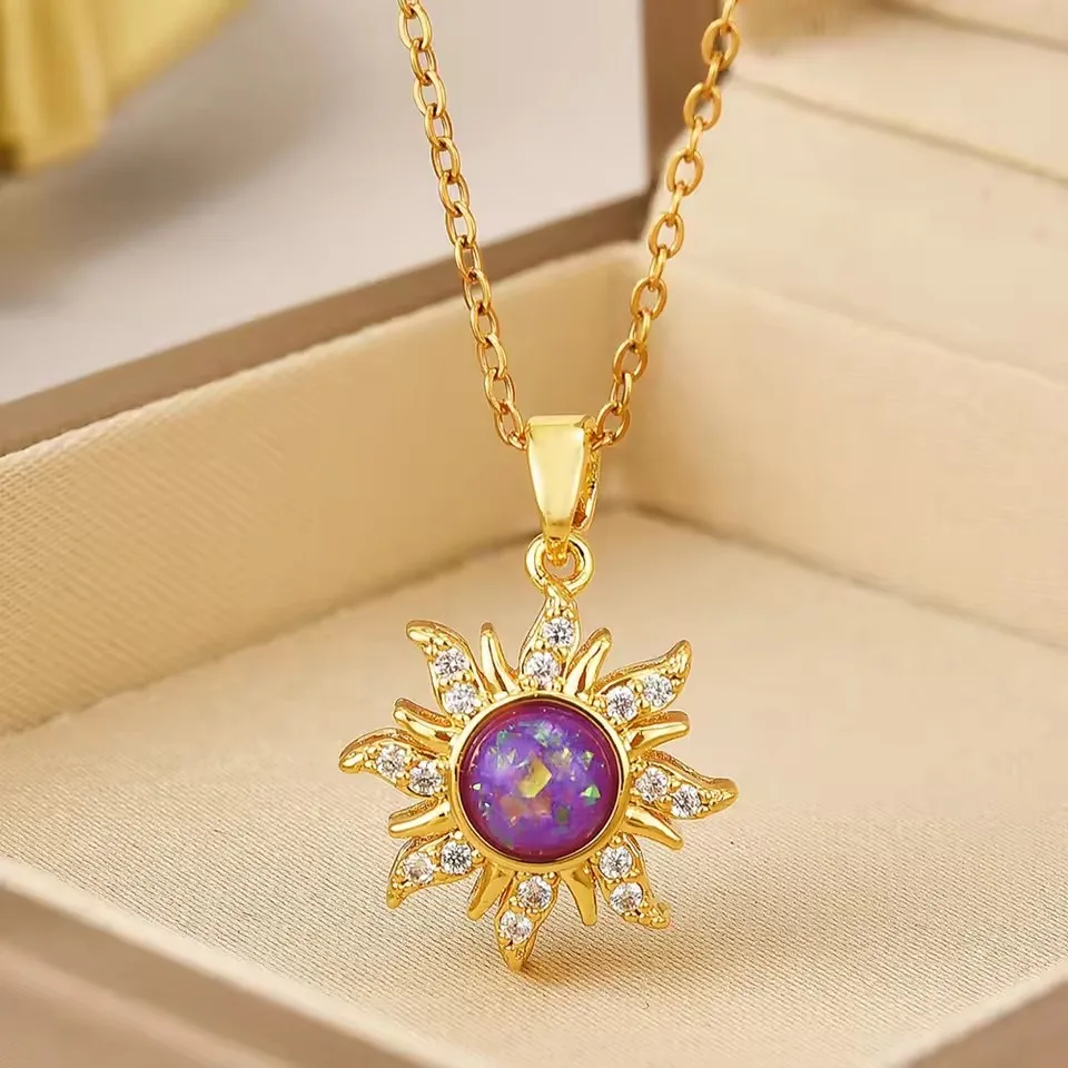 Princess Long Hair Sun Crown Charm Necklace For Women Girls Shiny Gold Plated Necklace Jewelry Lover Daughter's Christmas Gift