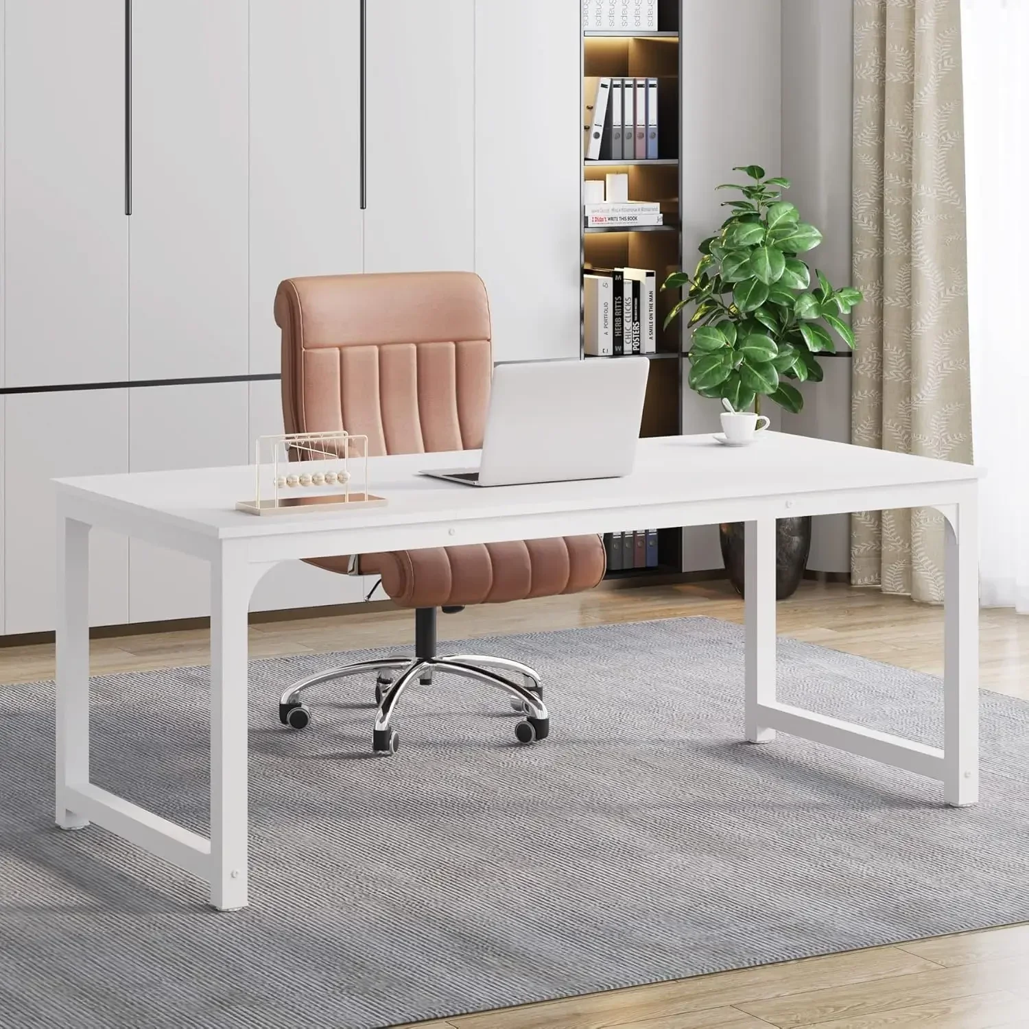 Modern Computer Desk, 63 x 31.5 inch Large Executive Office Desk Computer Table Study Writing Desk Workstation, White